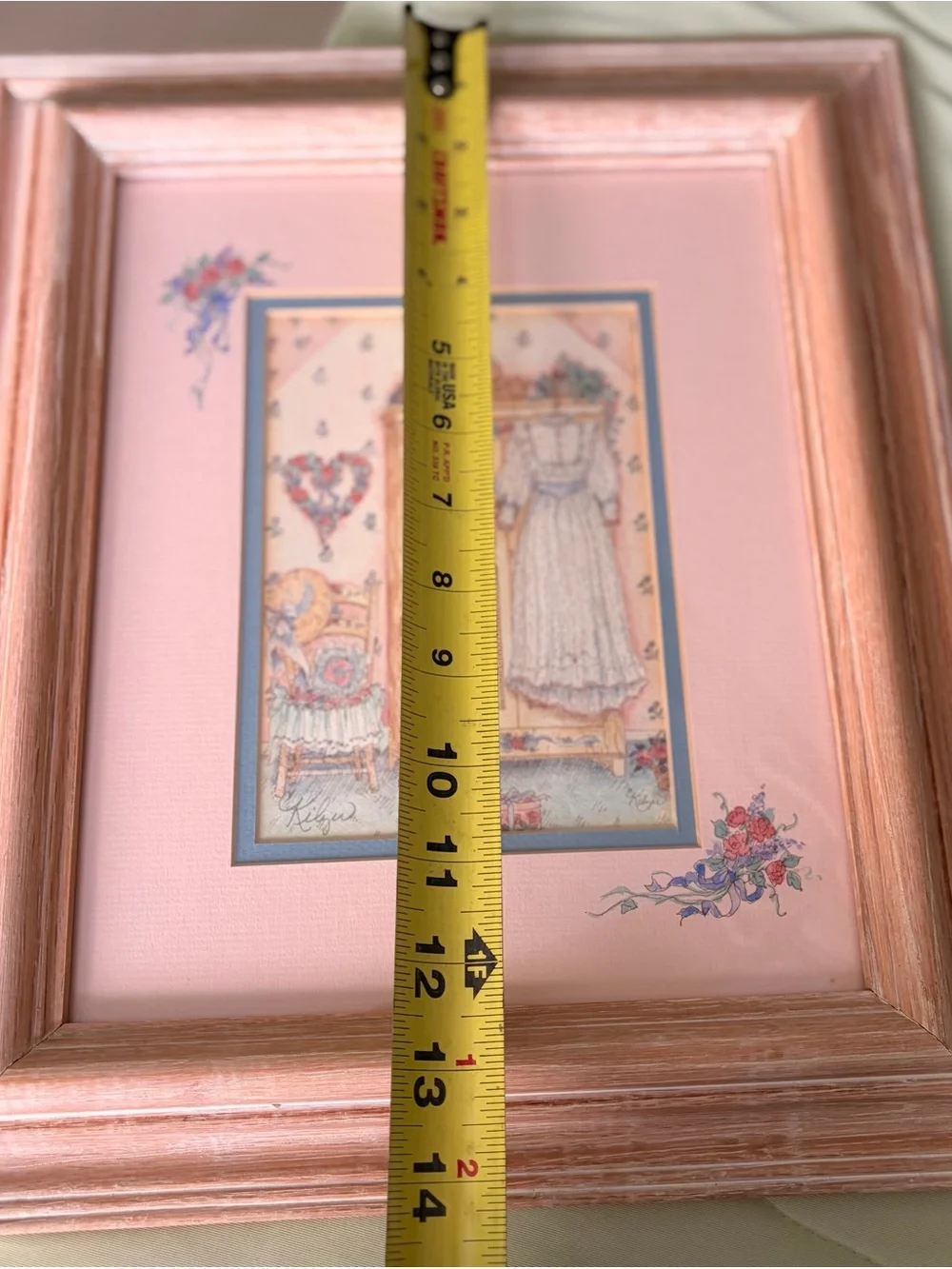 Vintage Framed Sketched Print of Girl Wardrobe Floral Wall Decor Accent